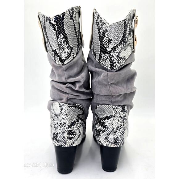 Slouch Mid Calf Boots Snake Pattern Gray Black Faux Leather Women's 37 EU 6.5 US - Picture 5 of 8